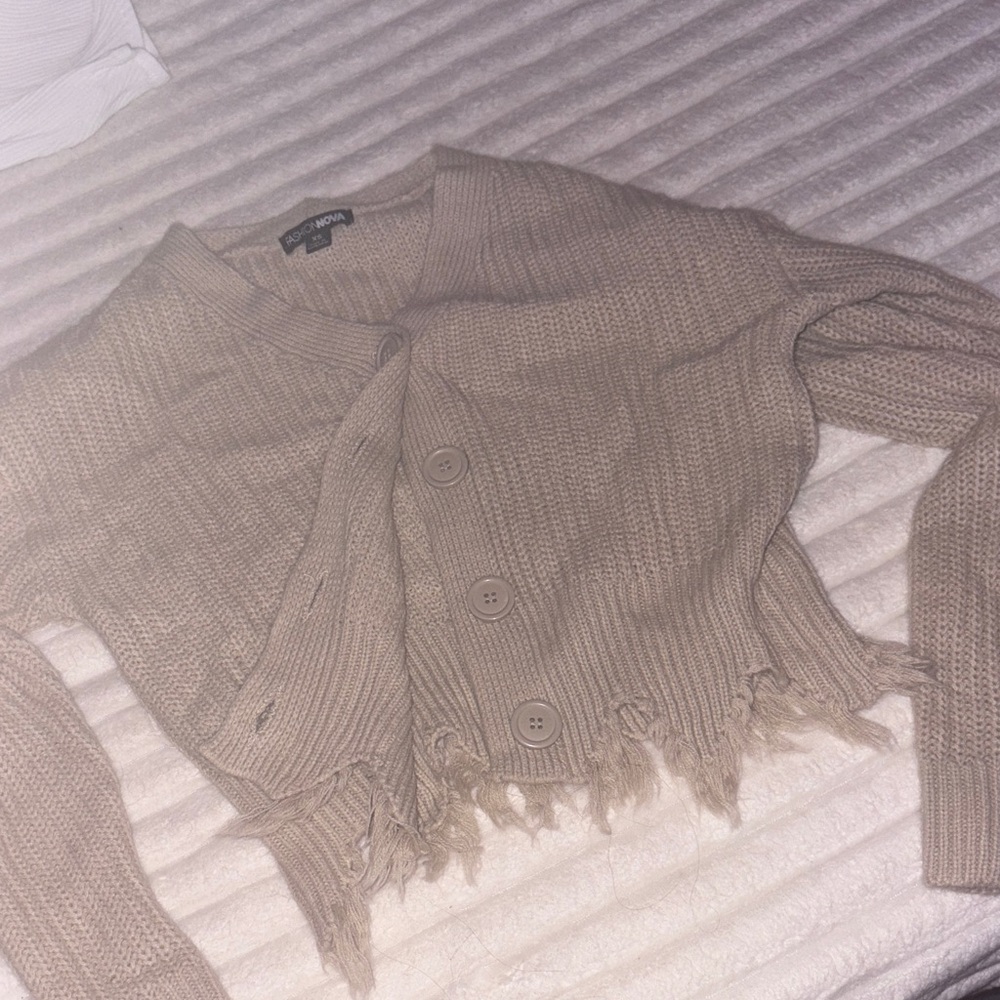 Fashion Nova Beige Frayed Hem Cardigan